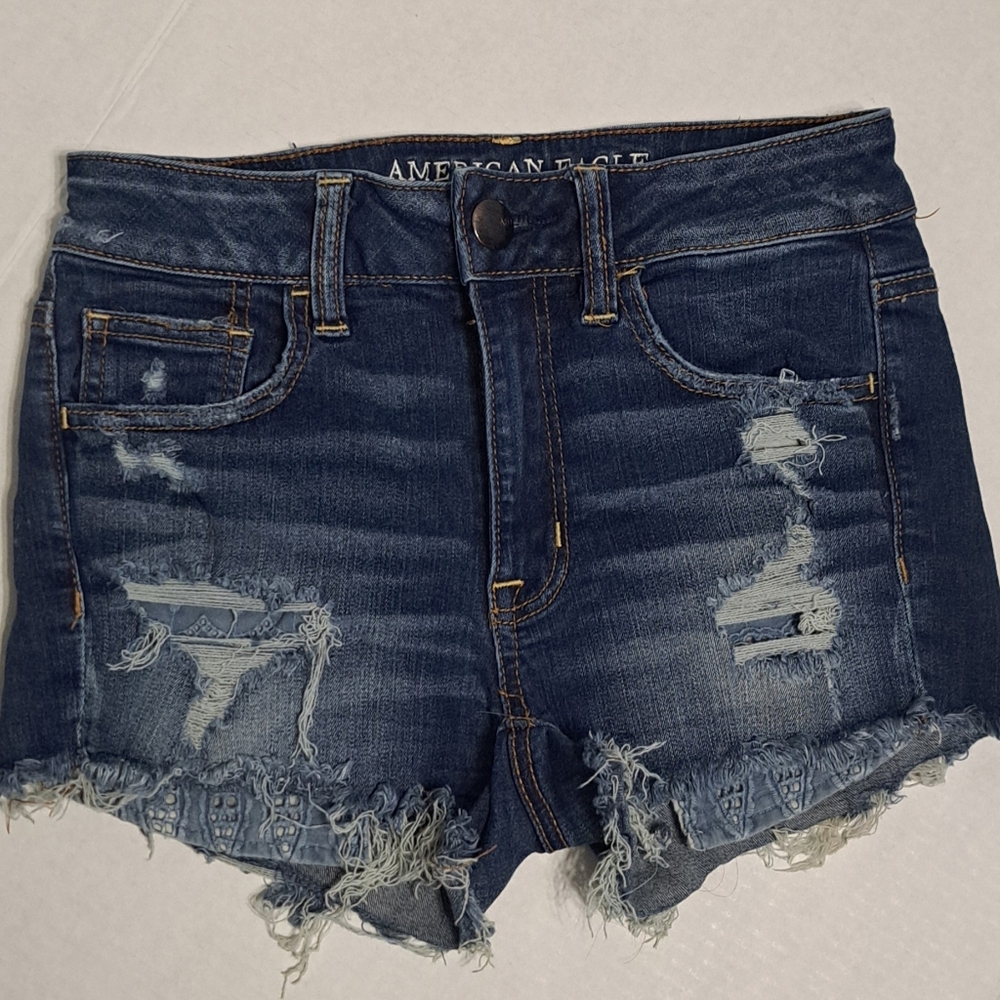 American Eagle Outfitters Dark Blue Distressed Jean Shorts